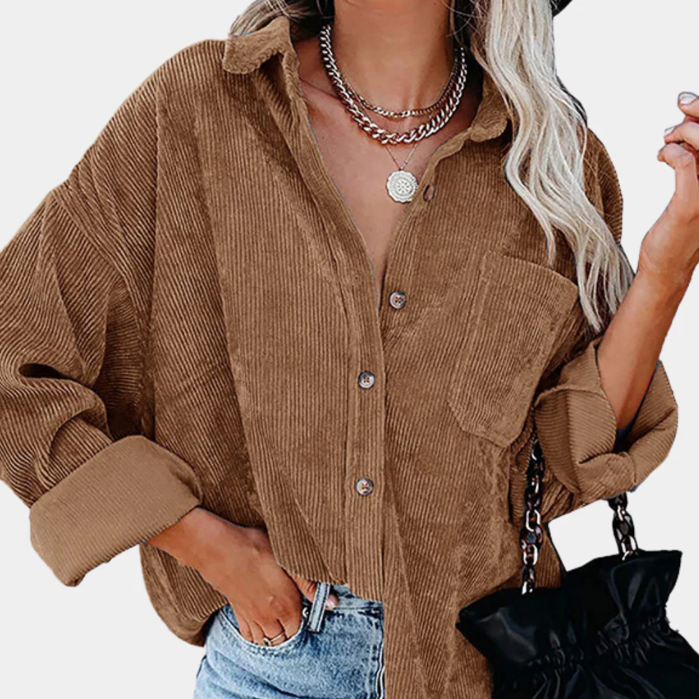 Women’s Corduroy Jacket – Oversized Fit – Button-Up Front – Ribbed Texture – Hip Length