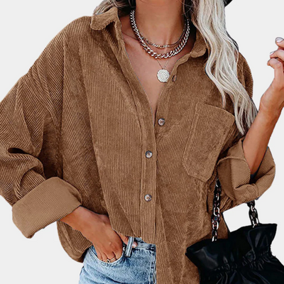 Women’s Corduroy Jacket – Oversized Fit – Button-Up Front – Ribbed Texture – Hip Length