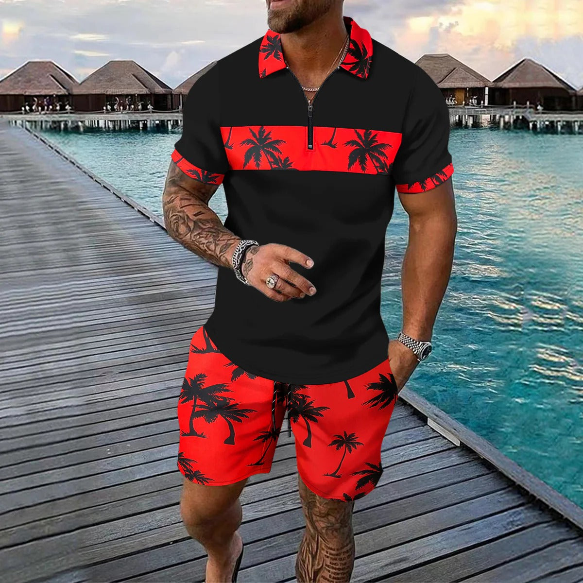 Men’s Casual Suit Set – Tropical Print – Zip Polo Shirt – Drawstring Shorts – Regular Fit