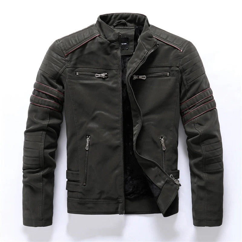 Men’s Biker Jacket – Slim Fit – Quilted Shoulders – Asymmetrical Zipper – Stand Collar