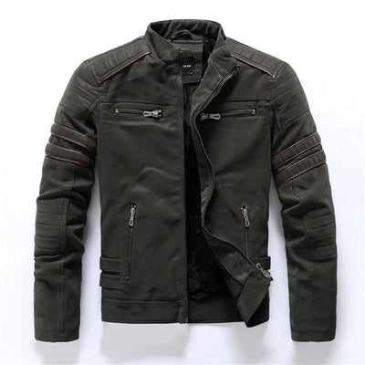 Men’s Biker Jacket – Slim Fit – Quilted Shoulders – Asymmetrical Zipper – Stand Collar