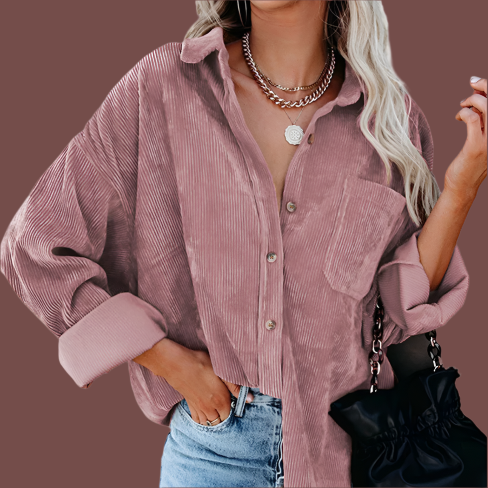 Women’s Corduroy Jacket – Oversized Fit – Button-Up Front – Ribbed Texture – Hip Length