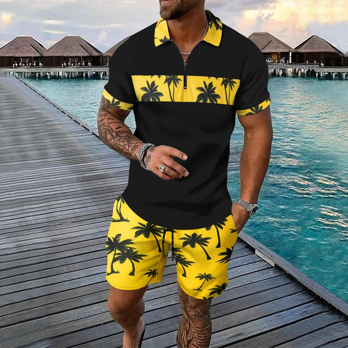 Men’s Casual Suit Set – Tropical Print – Zip Polo Shirt – Drawstring Shorts – Regular Fit