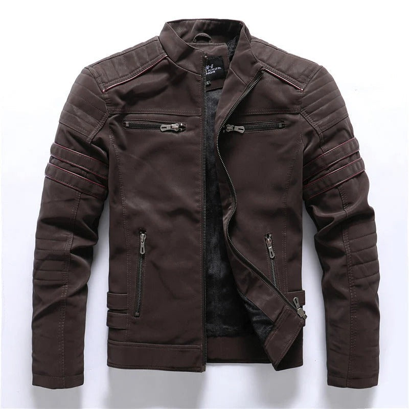 Men’s Biker Jacket – Slim Fit – Quilted Shoulders – Asymmetrical Zipper – Stand Collar