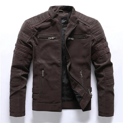 Men’s Biker Jacket – Slim Fit – Quilted Shoulders – Asymmetrical Zipper – Stand Collar