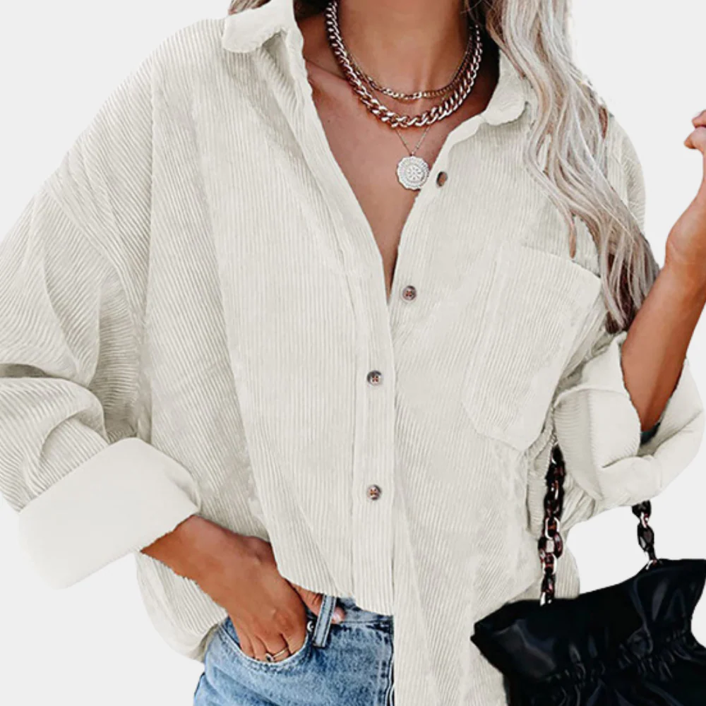 Women’s Corduroy Jacket – Oversized Fit – Button-Up Front – Ribbed Texture – Hip Length