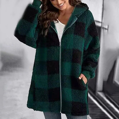 Women’s Hoodie – Oversized Fit – Soft Knit – Full Zip – Check Pattern – Hip Length