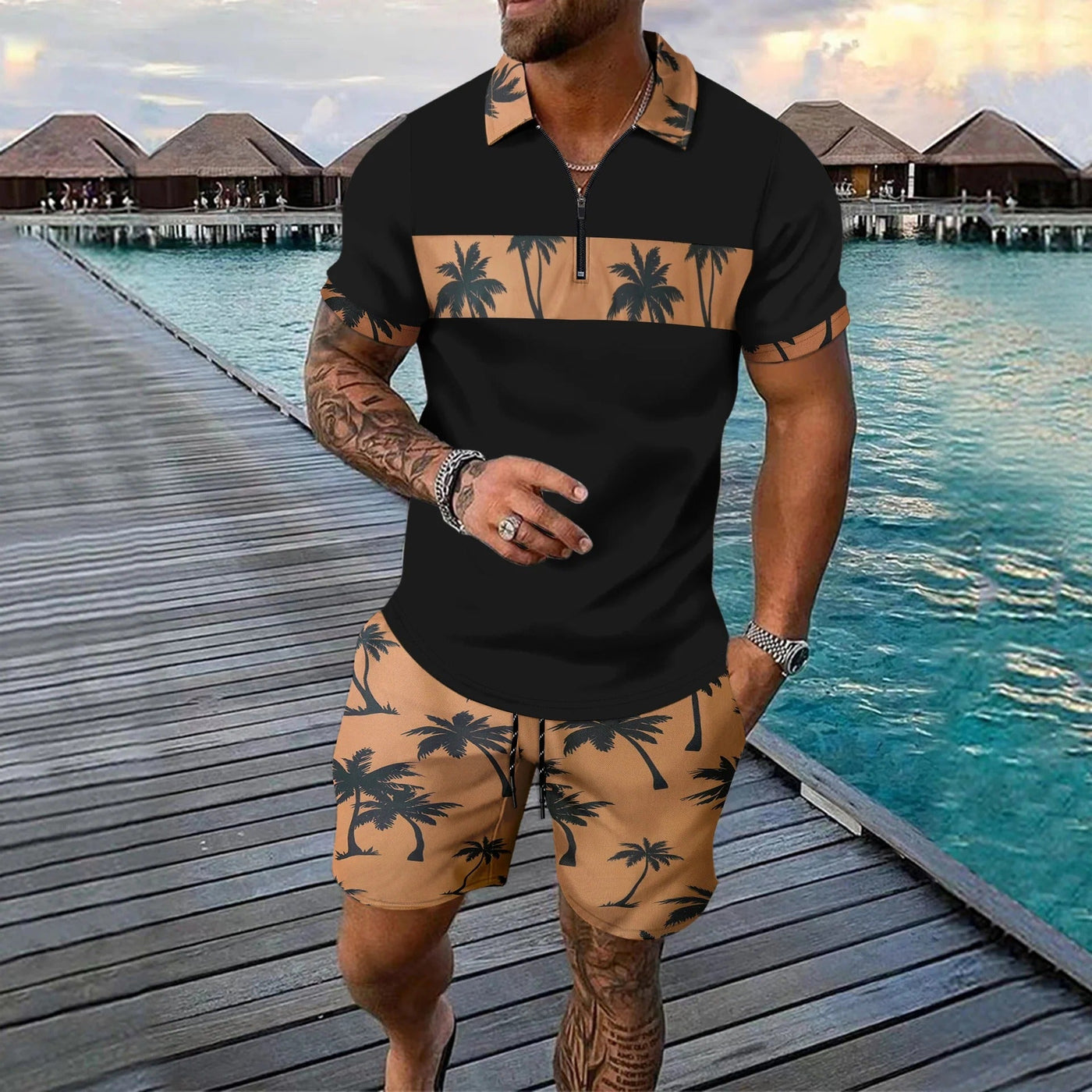 Men’s Casual Suit Set – Tropical Print – Zip Polo Shirt – Drawstring Shorts – Regular Fit