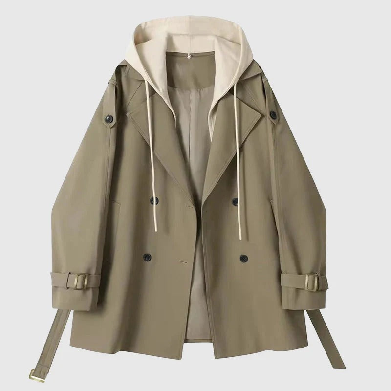Women’s Trench Coat – Oversized Fit – Hooded – Double Breasted – Belted Cotton Blend