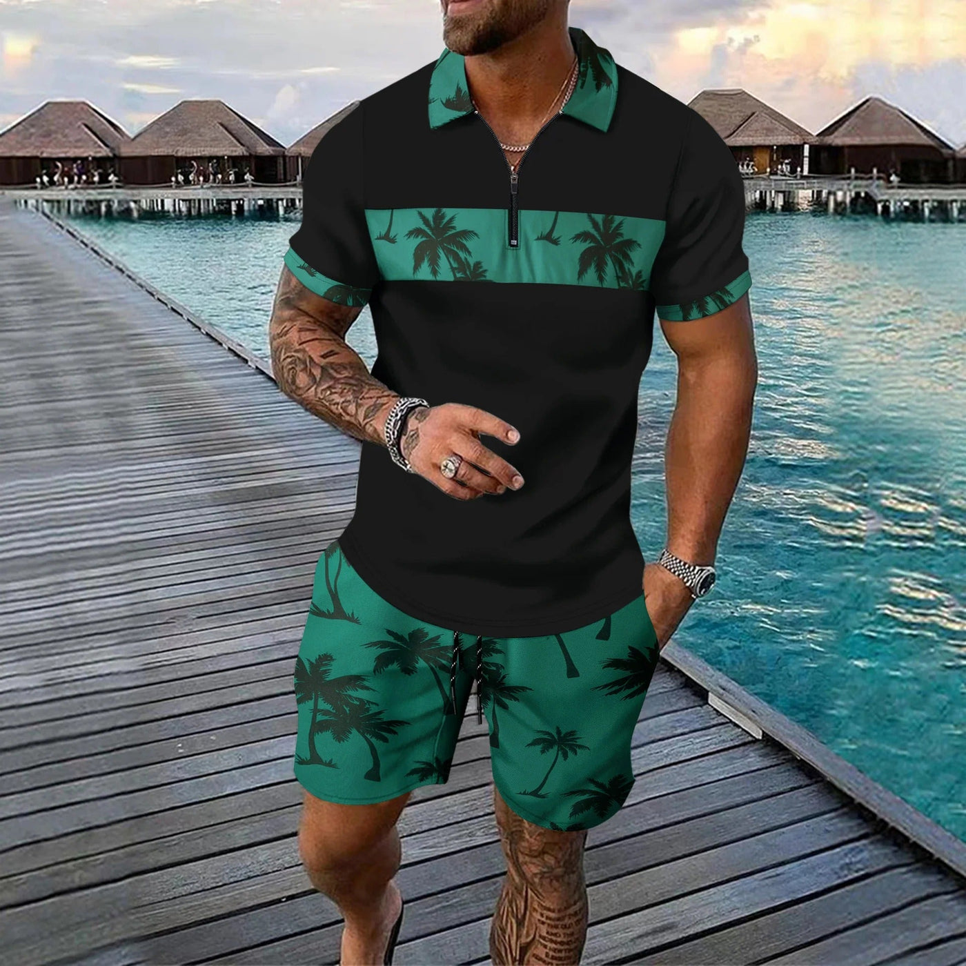 Men’s Casual Suit Set – Tropical Print – Zip Polo Shirt – Drawstring Shorts – Regular Fit