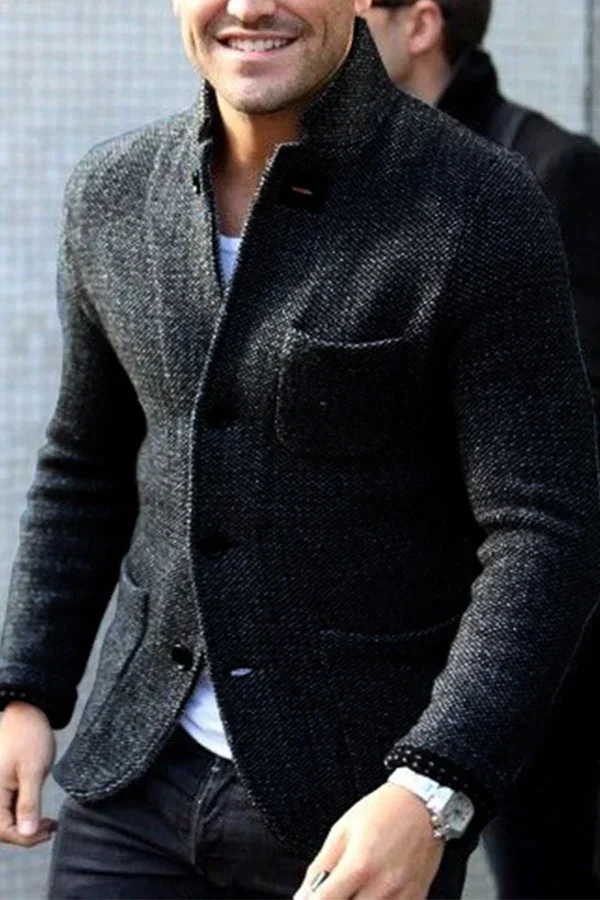 Men’s Blazer – Tailored Fit – Textured Wool – Stand Collar – Button Down Pockets