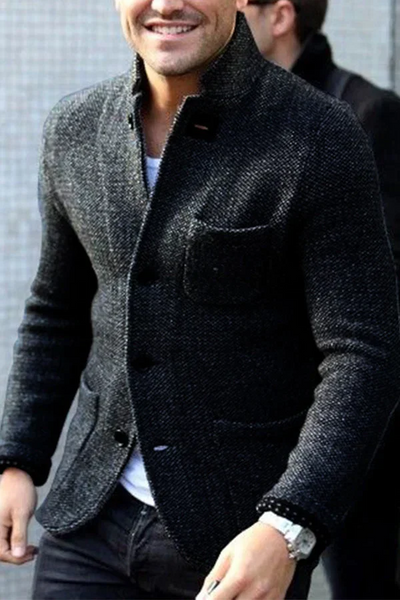 Men’s Blazer – Tailored Fit – Textured Wool – Stand Collar – Button Down Pockets