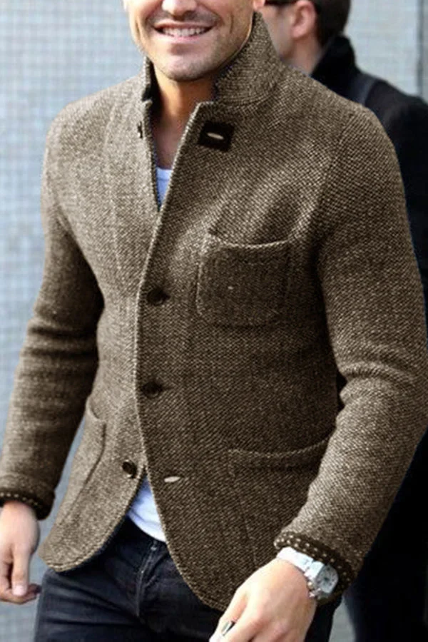 Men’s Blazer – Tailored Fit – Textured Wool – Stand Collar – Button Down Pockets