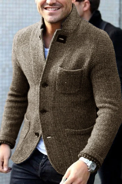Men’s Blazer – Tailored Fit – Textured Wool – Stand Collar – Button Down Pockets