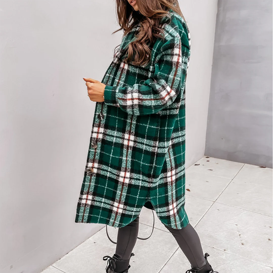 Women’s Long Coat – Relaxed Fit – Checkered Wool Feel – Button Front – Flap Pockets