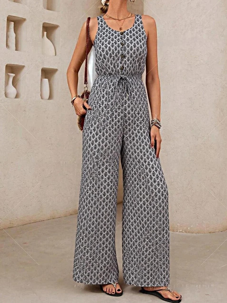 Women’s Jumpsuit – V Neck Sleeveless – Relaxed Fit – Wide Leg – Drawstring Waist