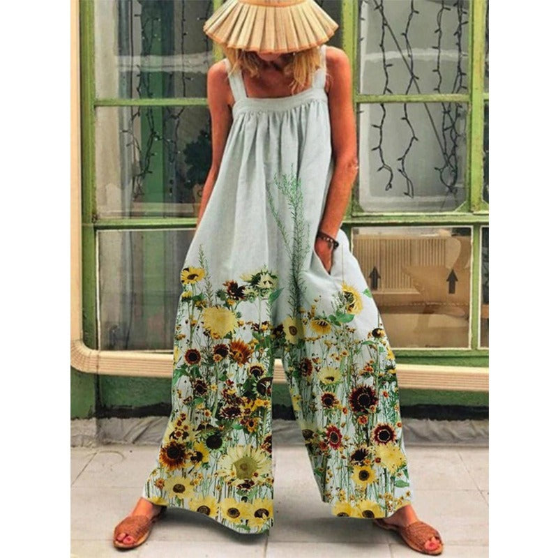 Women’s Jumpsuit – Wide Leg – Adjustable Straps – Floral Print