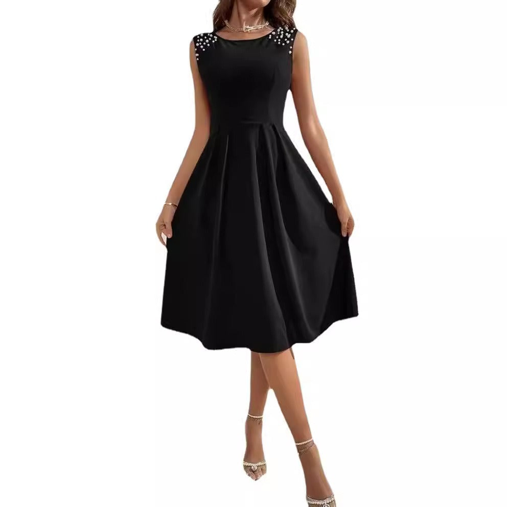 Women’s Midi Dress – Sleeveless A-Line – Fitted Waist – Beaded Shoulder Detail