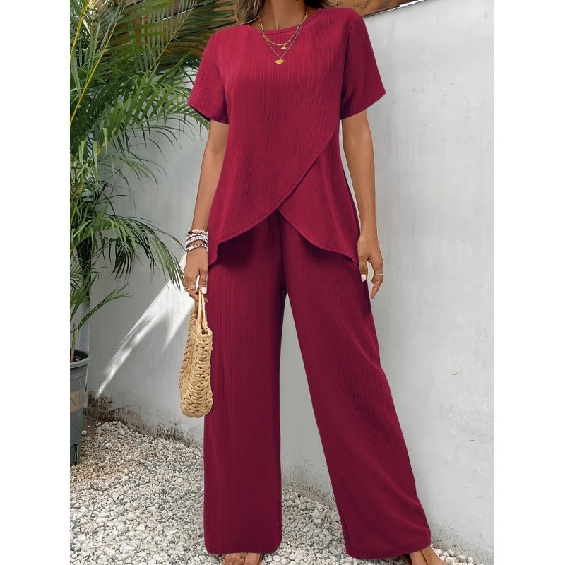 Women’s Two-Piece Set – Pleated Texture – Short Sleeve Top – Wide-Leg Pants