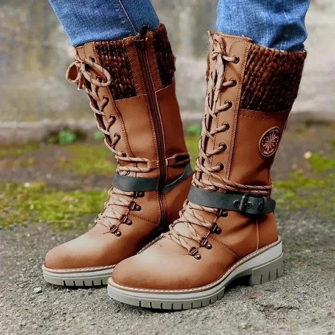 Women’s Knee-High Boots – Wool Knit Cuff – Lace-Up – Side Zipper – Buckle Strap