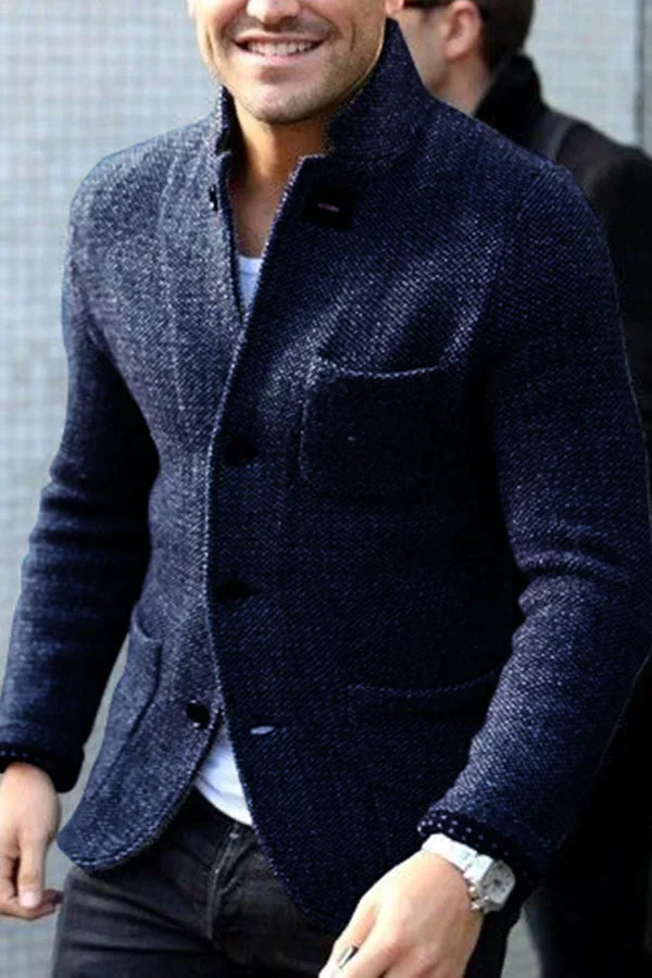 Men’s Blazer – Tailored Fit – Textured Wool – Stand Collar – Button Down Pockets