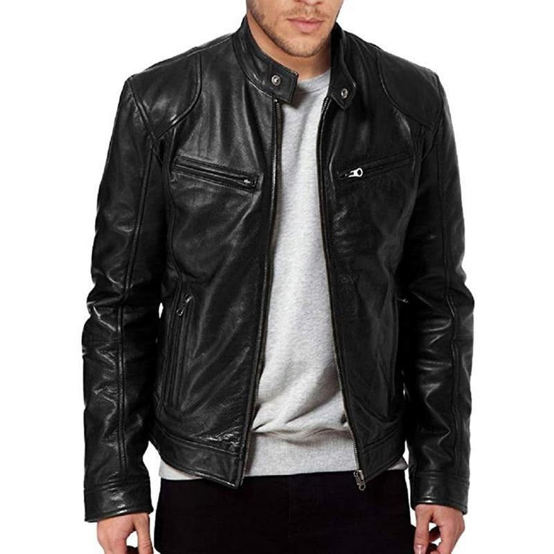 Men’s Biker Jacket – Leather – Structured Fit – Snap Collar – Zipper Closure – Zipper Pockets