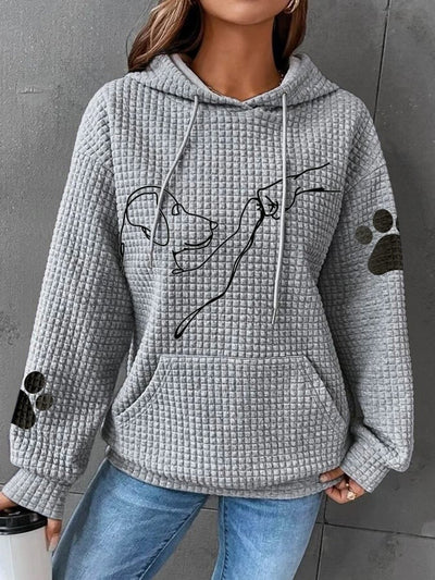 Women’s Hoodie – Quilted Texture – Relaxed Fit – Dog Print – Drawstring Hood
