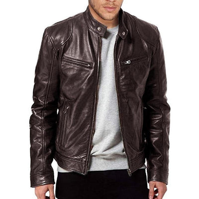 Men’s Biker Jacket – Leather – Structured Fit – Snap Collar – Zipper Closure – Zipper Pockets