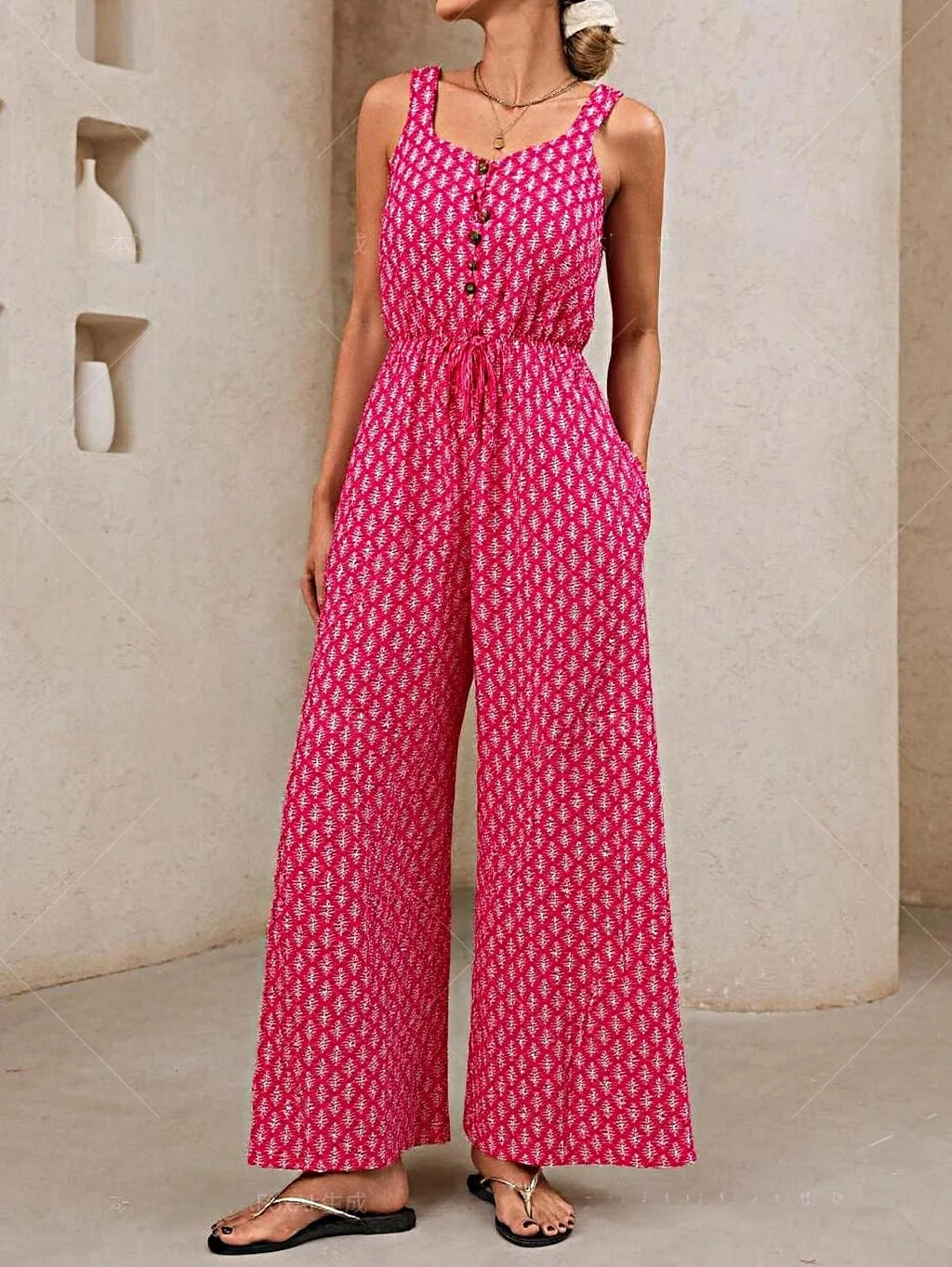 Women’s Jumpsuit – V Neck Sleeveless – Relaxed Fit – Wide Leg – Drawstring Waist