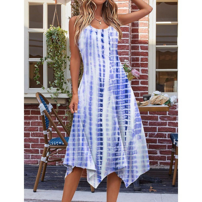 Women’s Midi Dress – A-Line Fit – Sleeveless – Cotton Blend – Abstract Print – Asymmetrical Hem