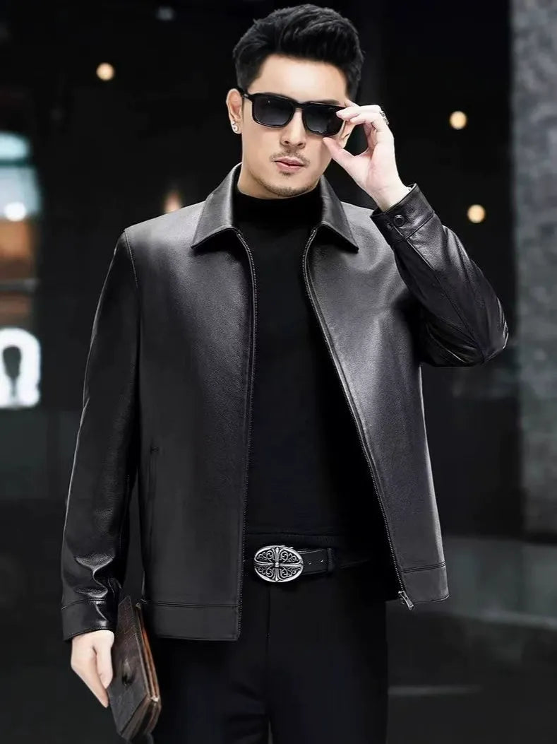 Men’s Leather Jacket – Slim Fit – Tailored Cut – Zipper Closure – Button Cuffs