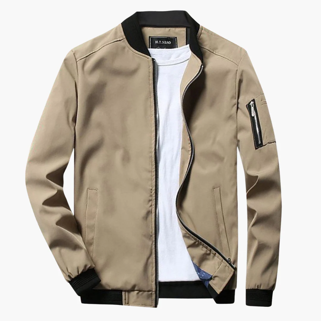 Men’s Bomber Jacket – Regular Fit – Smooth Synthetic Fabric – Zipper Sleeve Pocket – Ribbed Hems