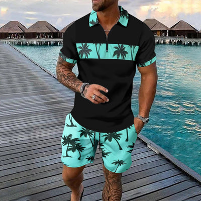 Men’s Casual Suit Set – Tropical Print – Zip Polo Shirt – Drawstring Shorts – Regular Fit