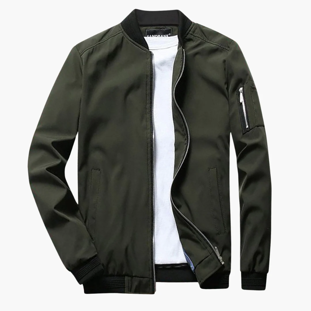 Men’s Bomber Jacket – Regular Fit – Smooth Synthetic Fabric – Zipper Sleeve Pocket – Ribbed Hems