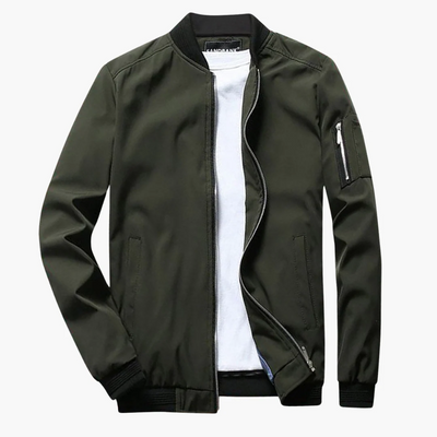 Men’s Bomber Jacket – Regular Fit – Smooth Synthetic Fabric – Zipper Sleeve Pocket – Ribbed Hems