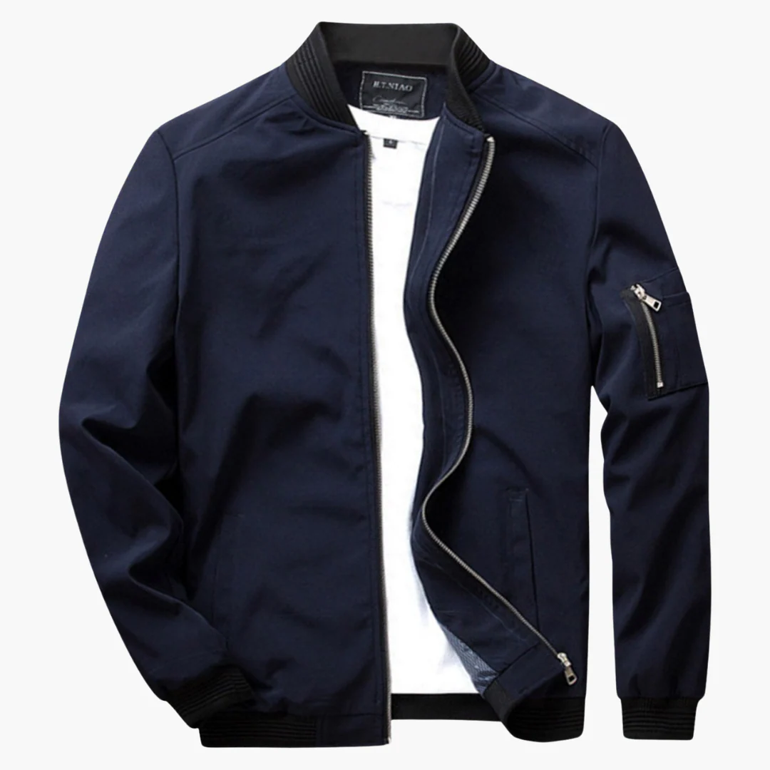 Men’s Bomber Jacket – Regular Fit – Smooth Synthetic Fabric – Zipper Sleeve Pocket – Ribbed Hems