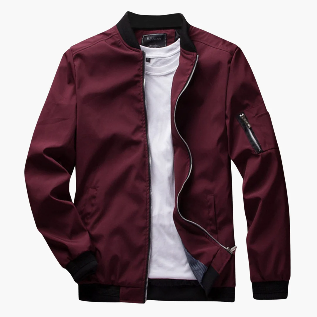 Men’s Bomber Jacket – Regular Fit – Smooth Synthetic Fabric – Zipper Sleeve Pocket – Ribbed Hems