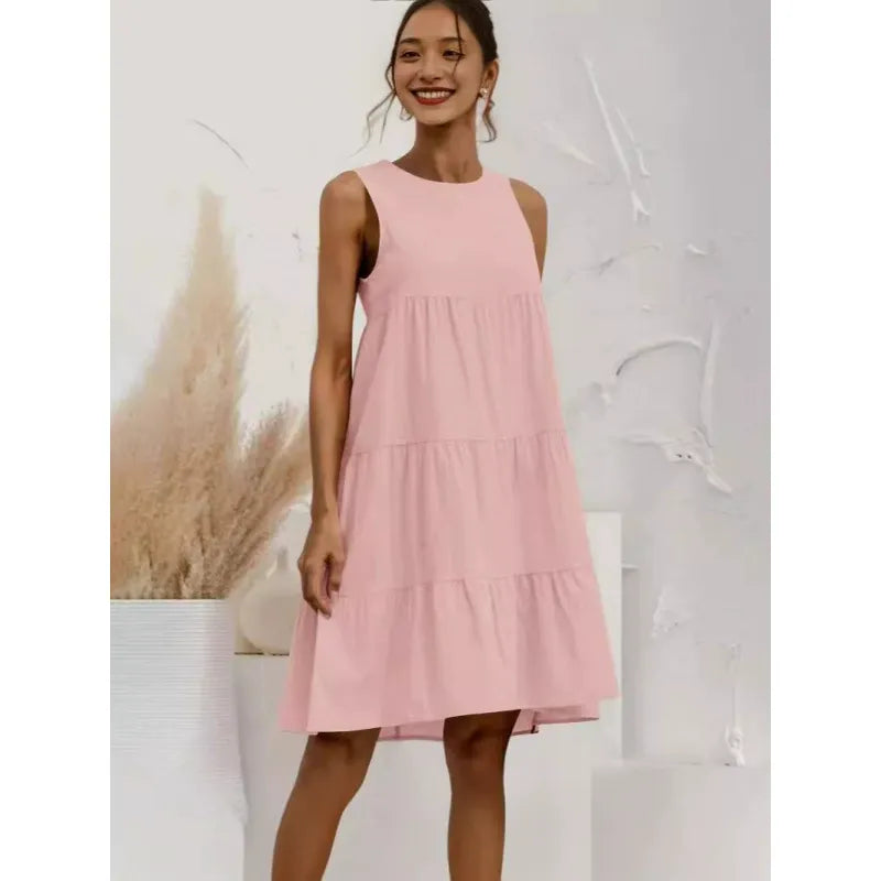 Women’s Midi Dress – Sleeveless Loose Fit – A-Line Tiered Ruffle – Cotton Linen Feel