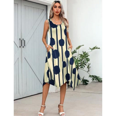 Women’s Midi Dress – A-Line Fit – Sleeveless – Cotton Blend – Abstract Print – Asymmetrical Hem