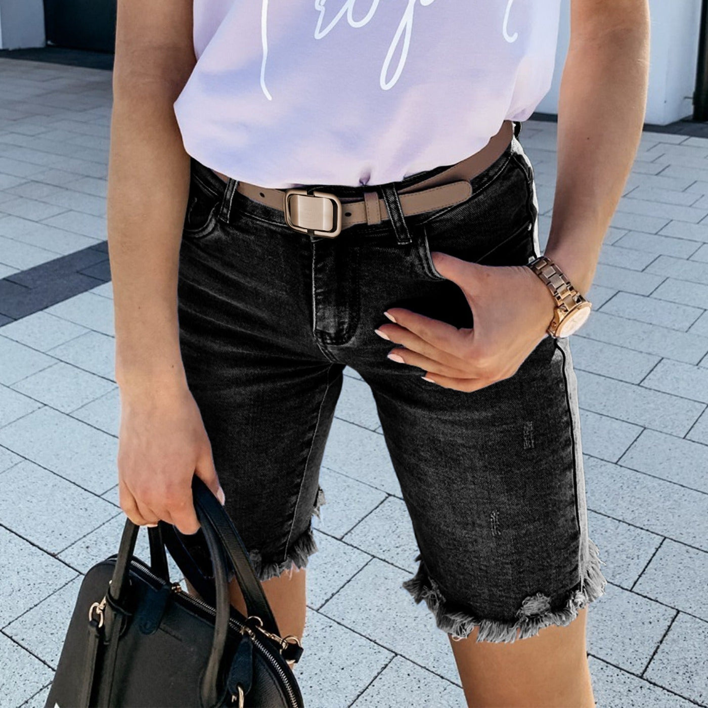 Women’s Denim Shorts – Mid Rise – Distressed Fringe Hem – Thigh Length