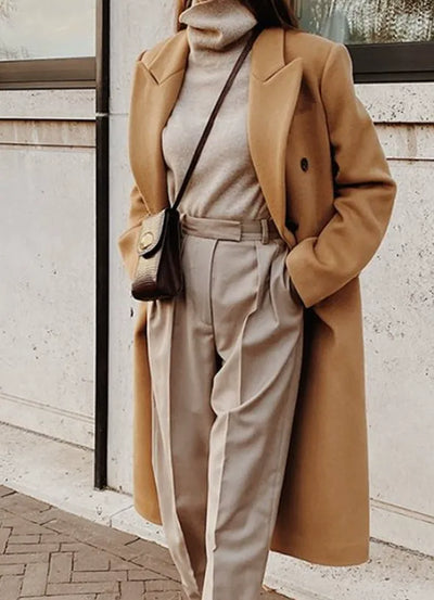 Women’s Long Coat – Slim Fit – Wool Touch – Double-Breasted – Classic Lapel