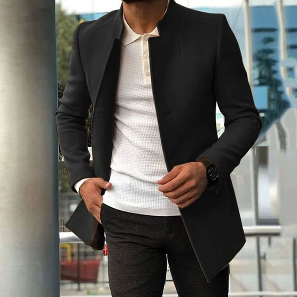 Men’s Wool Coat – Slim Fit – Mandarin Collar – Mid Length Tailored Outerwear