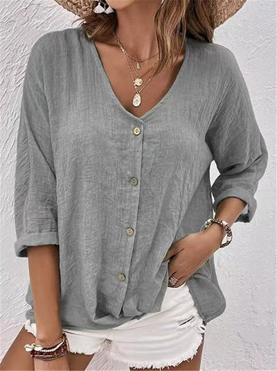 Women’s Blouse – Cotton Feel – Loose Fit – V-Neck – Button Front – Short Sleeve