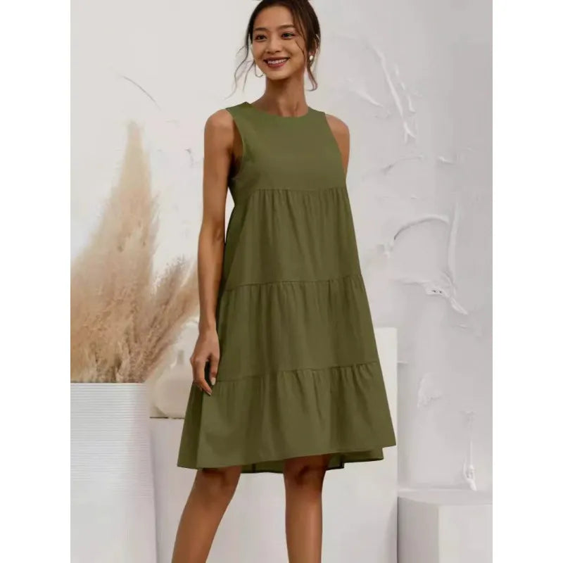 Women’s Midi Dress – Sleeveless Loose Fit – A-Line Tiered Ruffle – Cotton Linen Feel