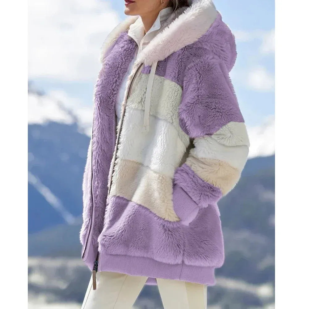 Women’s Fleece Jacket – Oversized Fit – Plush Hooded – Zip Front – Mid-Thigh Length
