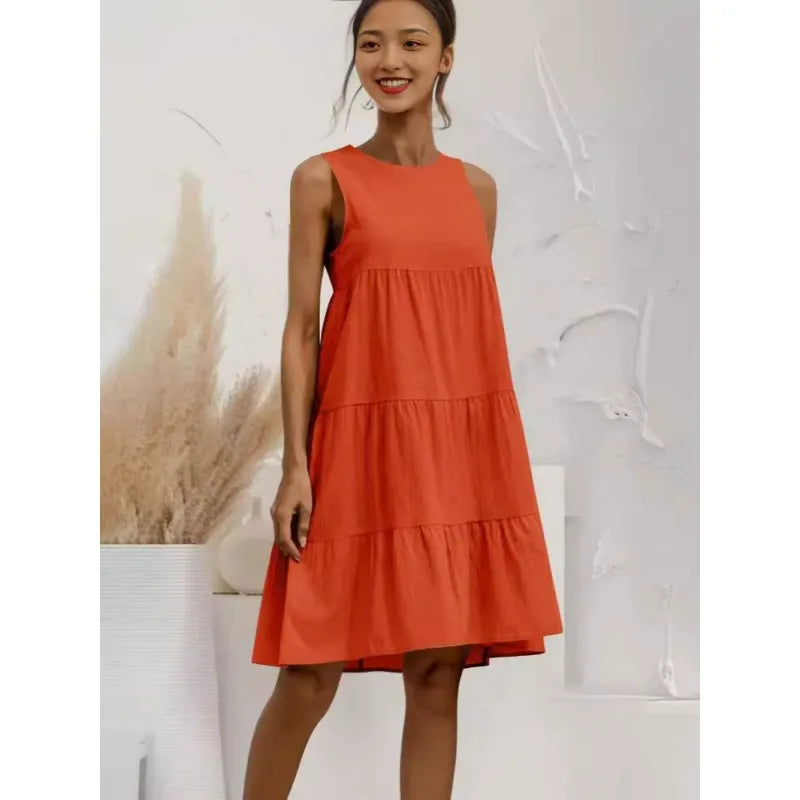 Women’s Midi Dress – Sleeveless Loose Fit – A-Line Tiered Ruffle – Cotton Linen Feel