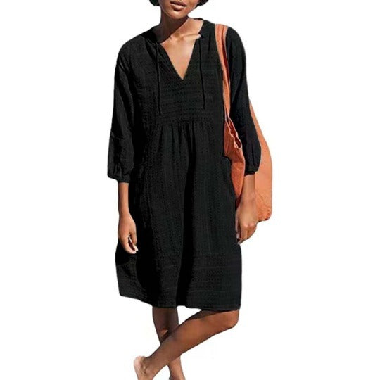 Women's Beach Cover-Up Dress - Lightweight Relaxed Fit - V-Neck 3/4 Sleeve