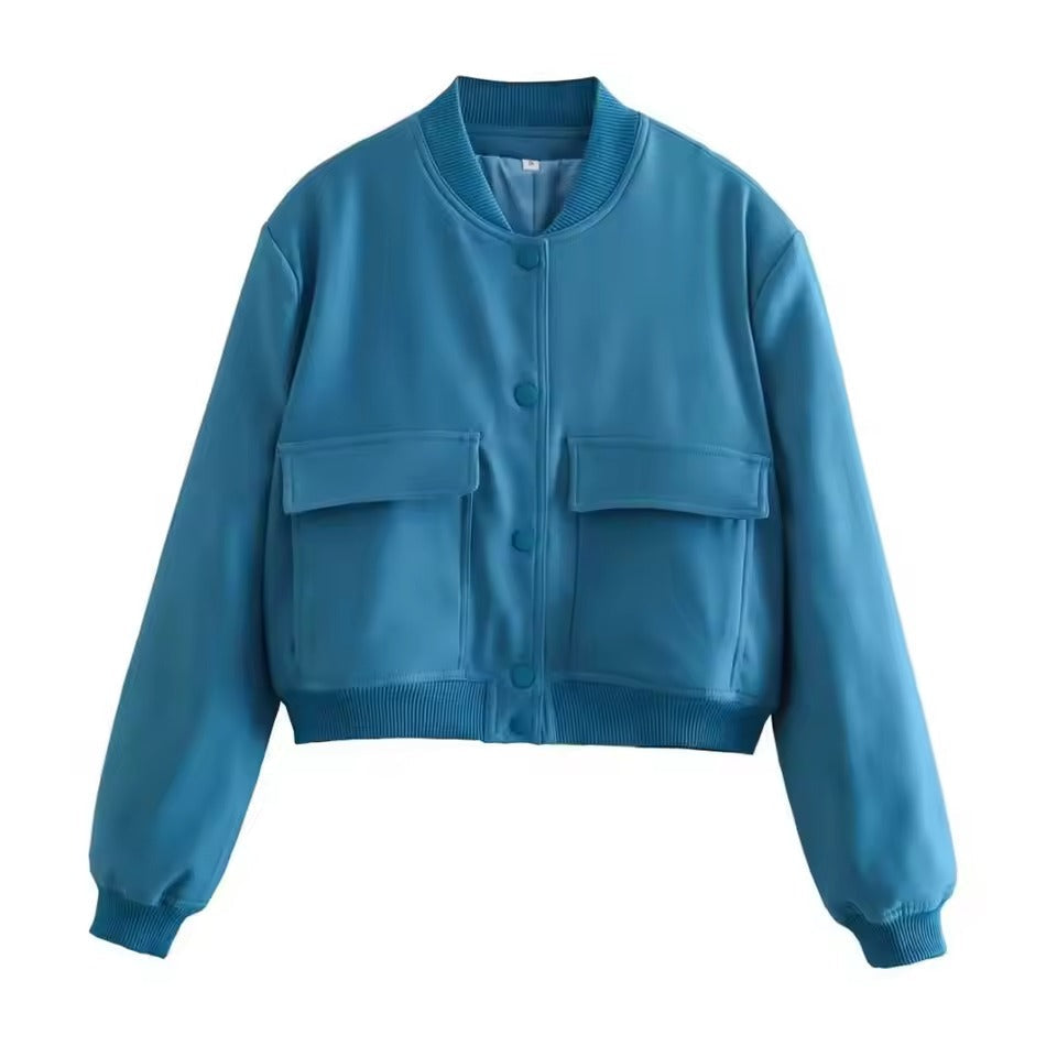 Women’s Bomber Jacket – Relaxed Fit – Cropped Length – Button Front – Ribbed Trim