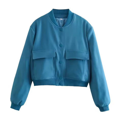 Women’s Bomber Jacket – Relaxed Fit – Cropped Length – Button Front – Ribbed Trim
