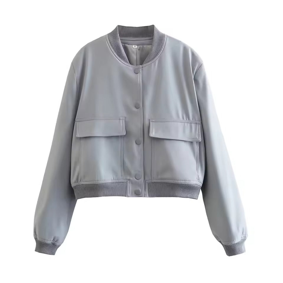 Women’s Bomber Jacket – Relaxed Fit – Cropped Length – Button Front – Ribbed Trim